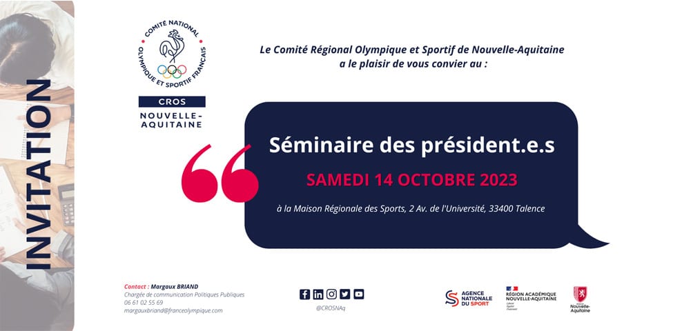 SAVE THE DATE – 14 octobre 2023 – Séminaire des présidents au CROS Nouvelle-Aquitaine